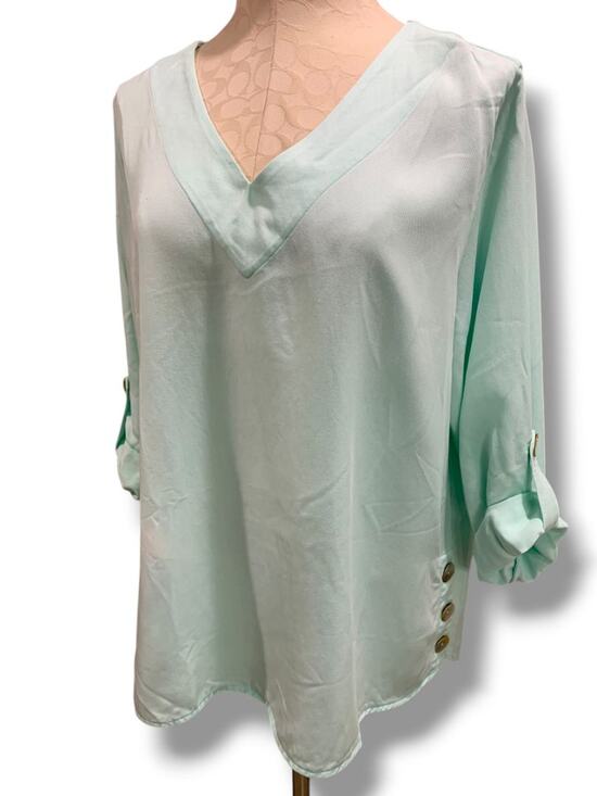 Soft Surroundings Tops - Size 1X Soft Surroundings Womens Aqua Pullover Blouse Shirt V-Neck Roll Tab